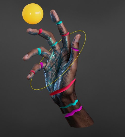 Mano digital con luces de neón y esfera amarilla flotante